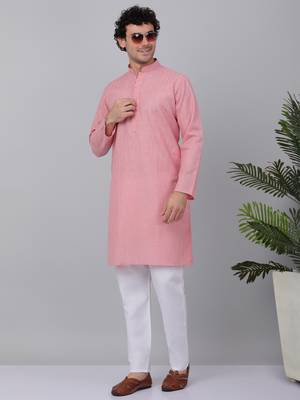 Men pink cotton linen striped kurta with pyjamas 1