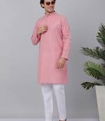 Men pink cotton linen striped kurta with pyjamas