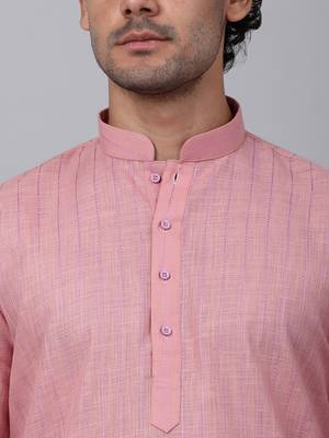 Men pink cotton linen striped kurta with pyjamas 2
