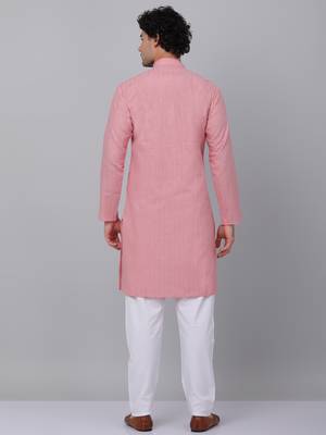 Men pink cotton linen striped kurta with pyjamas 3