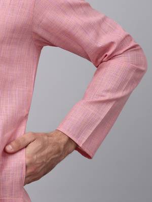 Men pink cotton linen striped kurta with pyjamas 4
