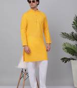 Men yellow cotton linen striped kurta with pyjamas