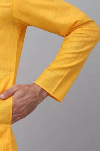 Men yellow cotton linen striped kurta with pyjamas