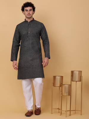 Men black cotton floral printed kurta with pyjamas 1