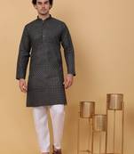 Men black cotton floral printed kurta with pyjamas