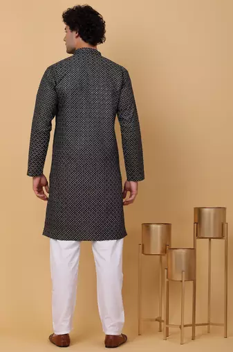 Men black cotton floral printed kurta with pyjamas