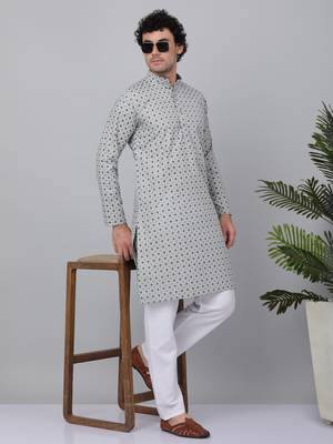 Men grey cotton floral printed kurta with pyjamas 1