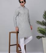 Men grey cotton floral printed kurta with pyjamas