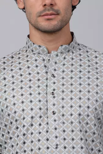 Men grey cotton floral printed kurta with pyjamas
