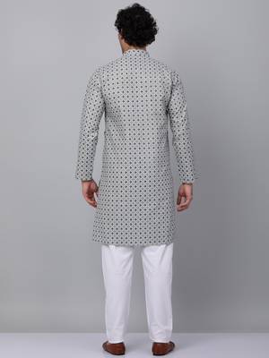 Men grey cotton floral printed kurta with pyjamas 3