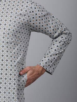 Men grey cotton floral printed kurta with pyjamas 4