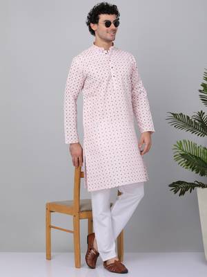 Men pink cotton floral printed kurta with pyjamas 1