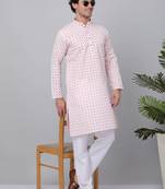 Men pink cotton floral printed kurta with pyjamas
