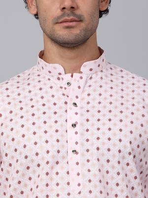 Men pink cotton floral printed kurta with pyjamas 2