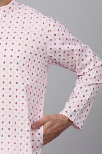 Men pink cotton floral printed kurta with pyjamas