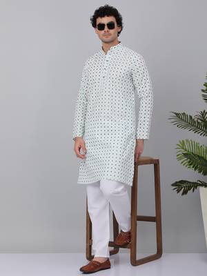 Men sea green cotton floral printed kurta with pyjamas 1