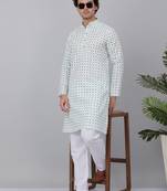 Men sea green cotton floral printed kurta with pyjamas