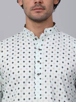 Men sea green cotton floral printed kurta with pyjamas 2