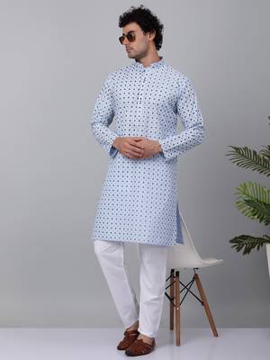 Men sky blue cotton floral printed kurta with pyjamas 1