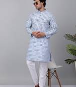Men sky blue cotton floral printed kurta with pyjamas