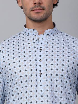Men sky blue cotton floral printed kurta with pyjamas 2