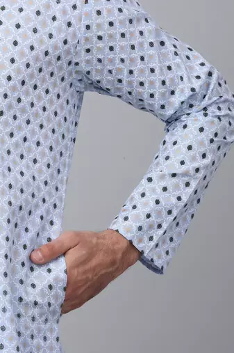 Men sky blue cotton floral printed kurta with pyjamas
