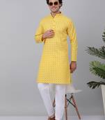 Men yellow cotton floral printed kurta with pyjamas