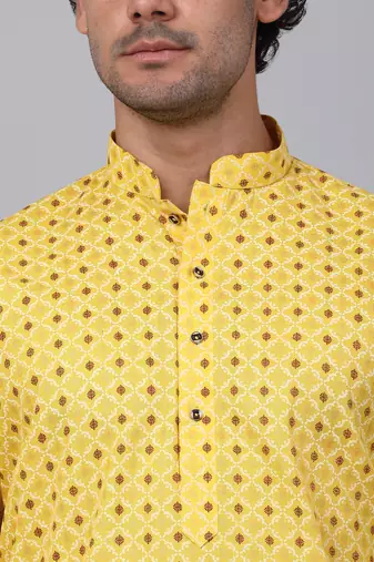 Men yellow cotton floral printed kurta with pyjamas