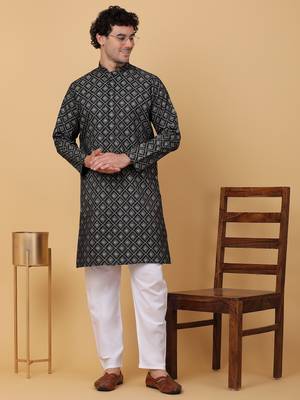 Men black cotton ethnic printed kurta with pyjamas 1