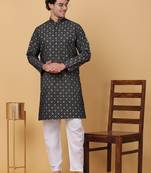 Men black cotton ethnic printed kurta with pyjamas