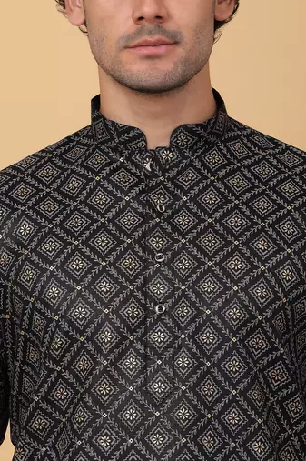 Men black cotton ethnic printed kurta with pyjamas