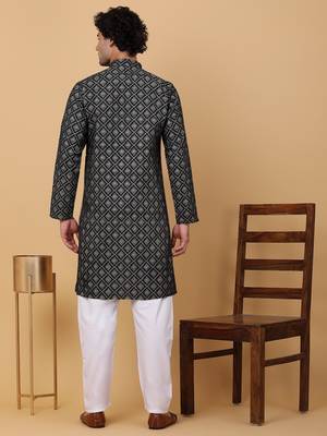 Men black cotton ethnic printed kurta with pyjamas 3