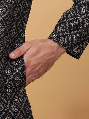 Men black cotton ethnic printed kurta with pyjamas 4