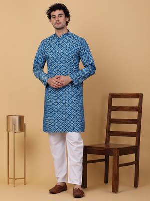 Men blue cotton ethnic printed kurta with pyjamas 1