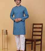 Men blue cotton ethnic printed kurta with pyjamas
