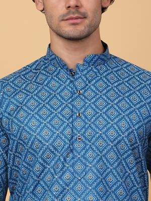 Men blue cotton ethnic printed kurta with pyjamas 2