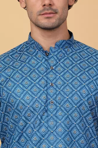 Men blue cotton ethnic printed kurta with pyjamas