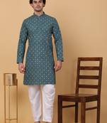 Men green cotton ethnic printed kurta with pyjamas