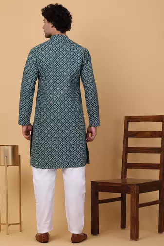 Men green cotton ethnic printed kurta with pyjamas