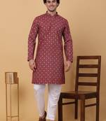 Men maroon cotton ethnic printed kurta with pyjamas