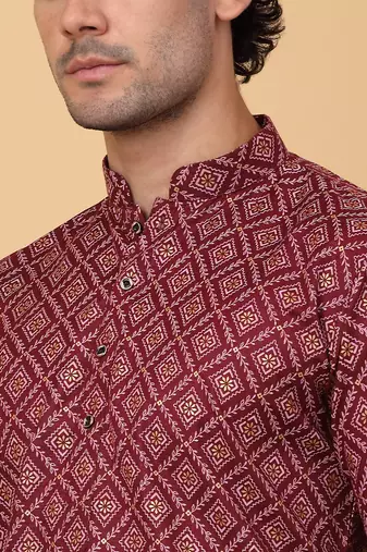 Men maroon cotton ethnic printed kurta with pyjamas