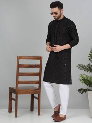 Men cotton embroidered sequined black kurta with elastic waistband pyjama 1