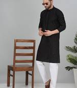 Men cotton embroidered sequined black kurta with elastic waistband pyjama