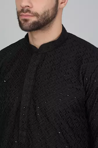 Men cotton embroidered sequined black kurta with elastic waistband pyjama
