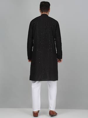 Men cotton embroidered sequined black kurta with elastic waistband pyjama 3