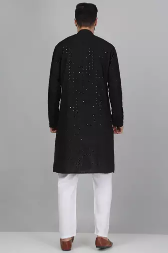 Men cotton embroidered sequined black kurta with elastic waistband pyjama