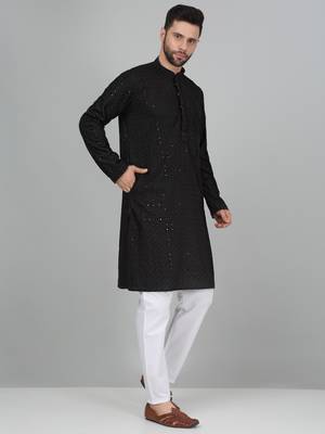 Men cotton embroidered sequined black kurta with elastic waistband pyjama 4