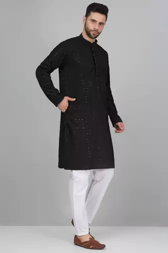 Men cotton embroidered sequined black kurta with elastic waistband pyjama