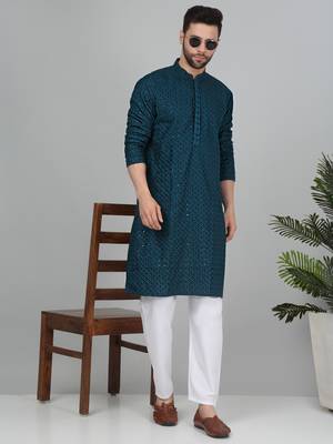 Men cotton embroidered sequined green kurta with elastic waistband pyjama 1