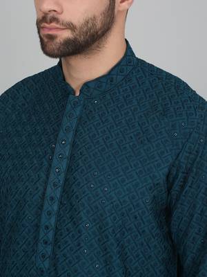 Men cotton embroidered sequined green kurta with elastic waistband pyjama 2